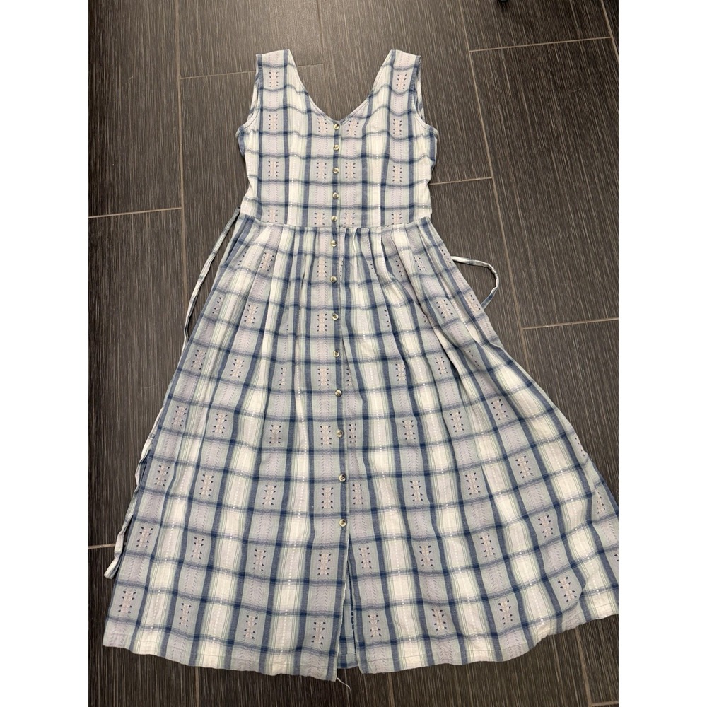 Monsoon Plaid Tie Midi Shirt Dress Sz 10 Fit Flare Aztec Cottage Prairie Blue - Picture 5 of 10